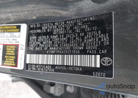 2012 Toyota Camry Xle from USA, damaged, VIN 4T4BF1FK4CR251656